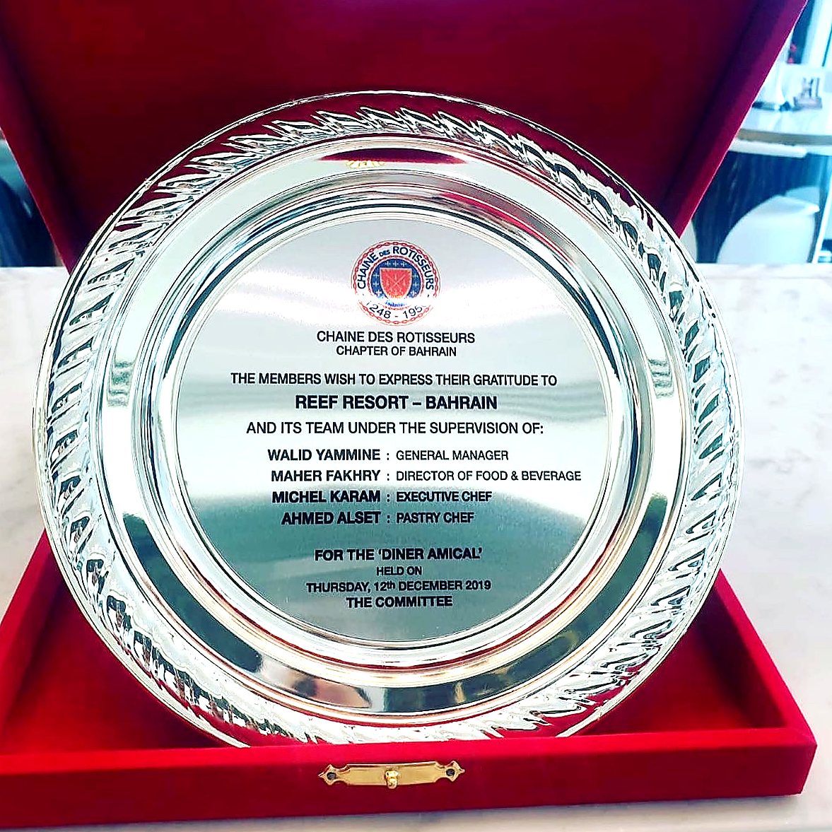 Michel Karam receiving Chaîne des Rôtisseurs recognition