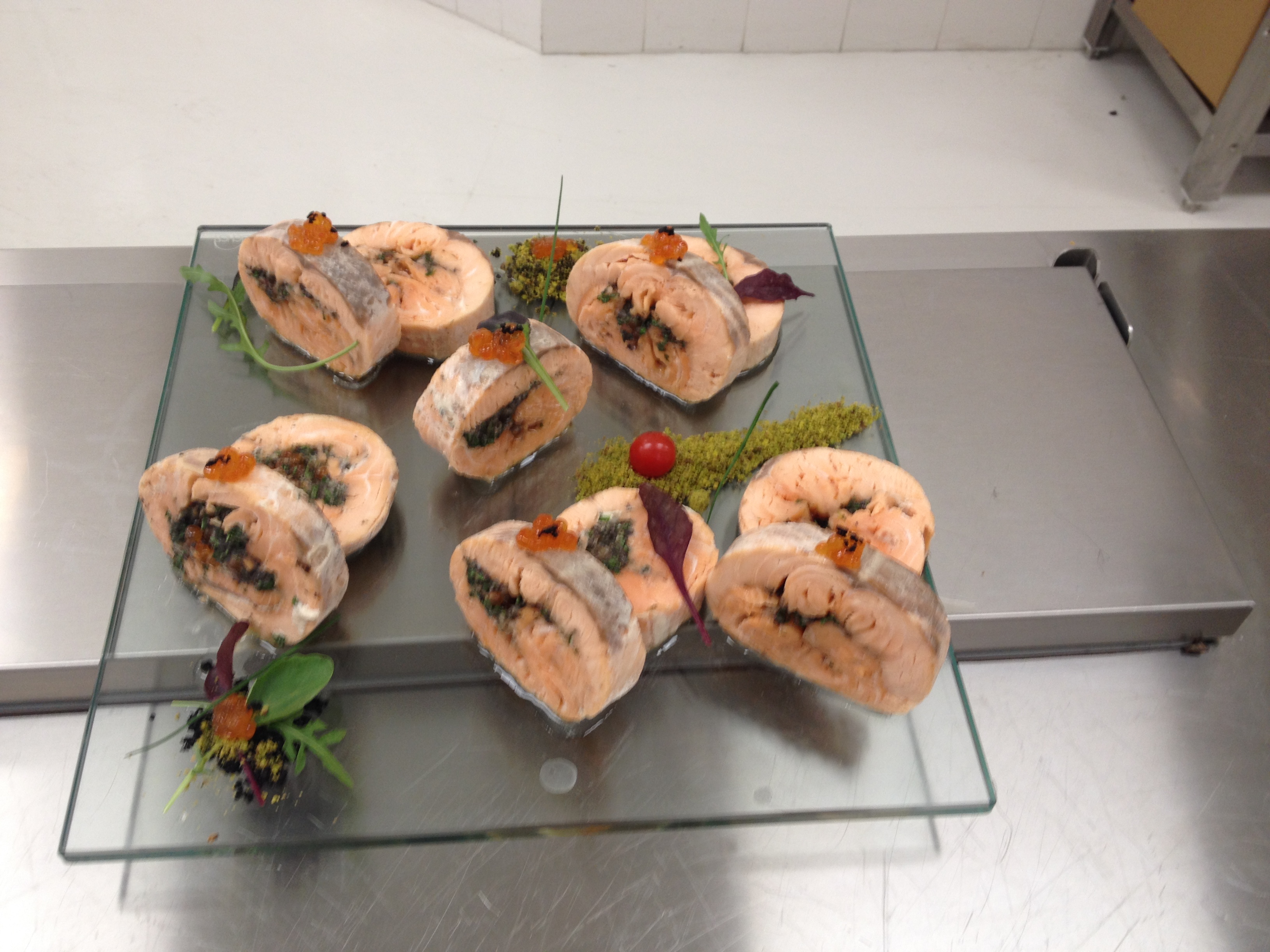 Salmon roulade display